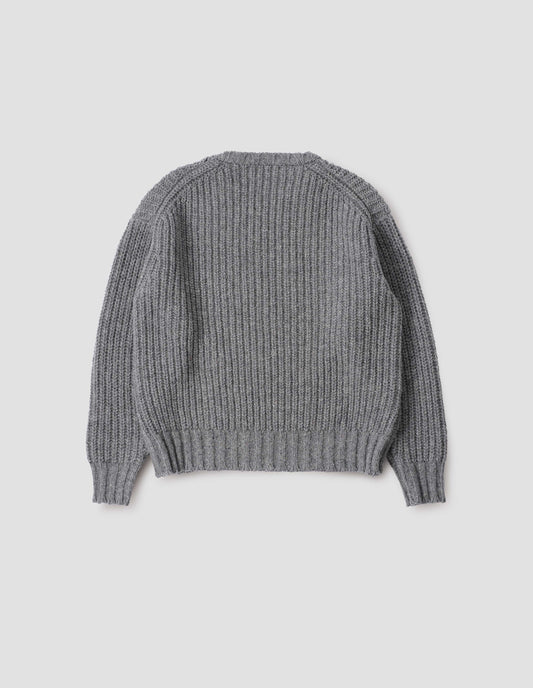 Grey crew neck jumper with contrasting rib on neck, cuffs and hem. Back flat lay view.