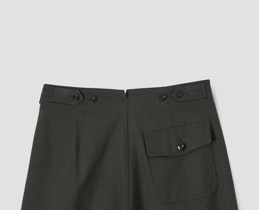 Dark green pleated trousers, with button tabs and patch flap button pocket, back flat lay view.
