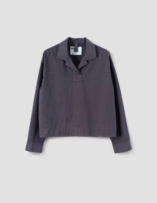 Greyish blue open neck pull-on shirt with box stitch detailing on the placket. Front flat lay view.