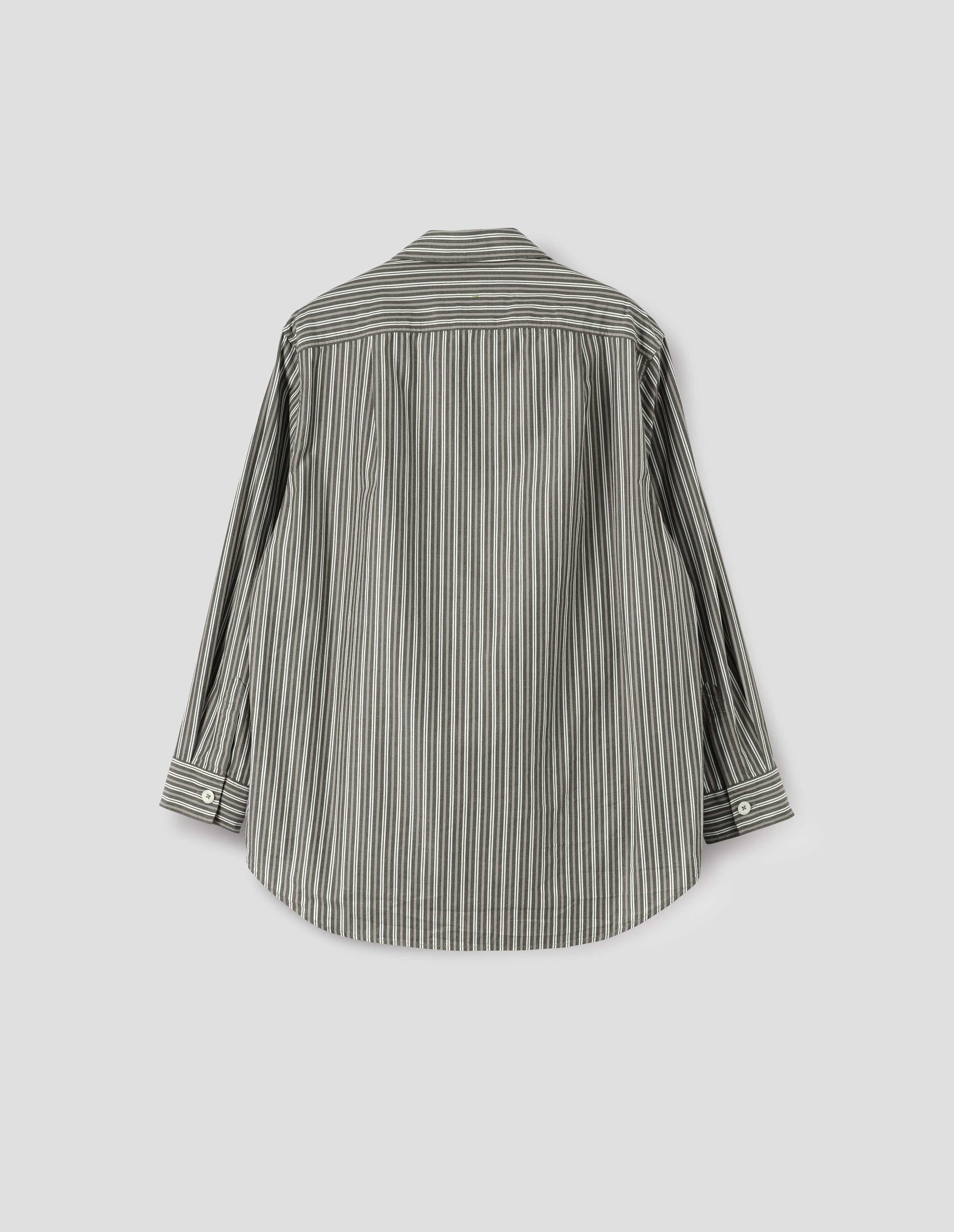 Green, grey and off white striped long sleeve shirt. With corozo brace button cuffs and pleated back yoke. Back flat lay view.