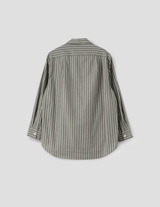 Green, grey and off white striped long sleeve shirt. With corozo brace button cuffs and pleated back yoke. Back flat lay view.