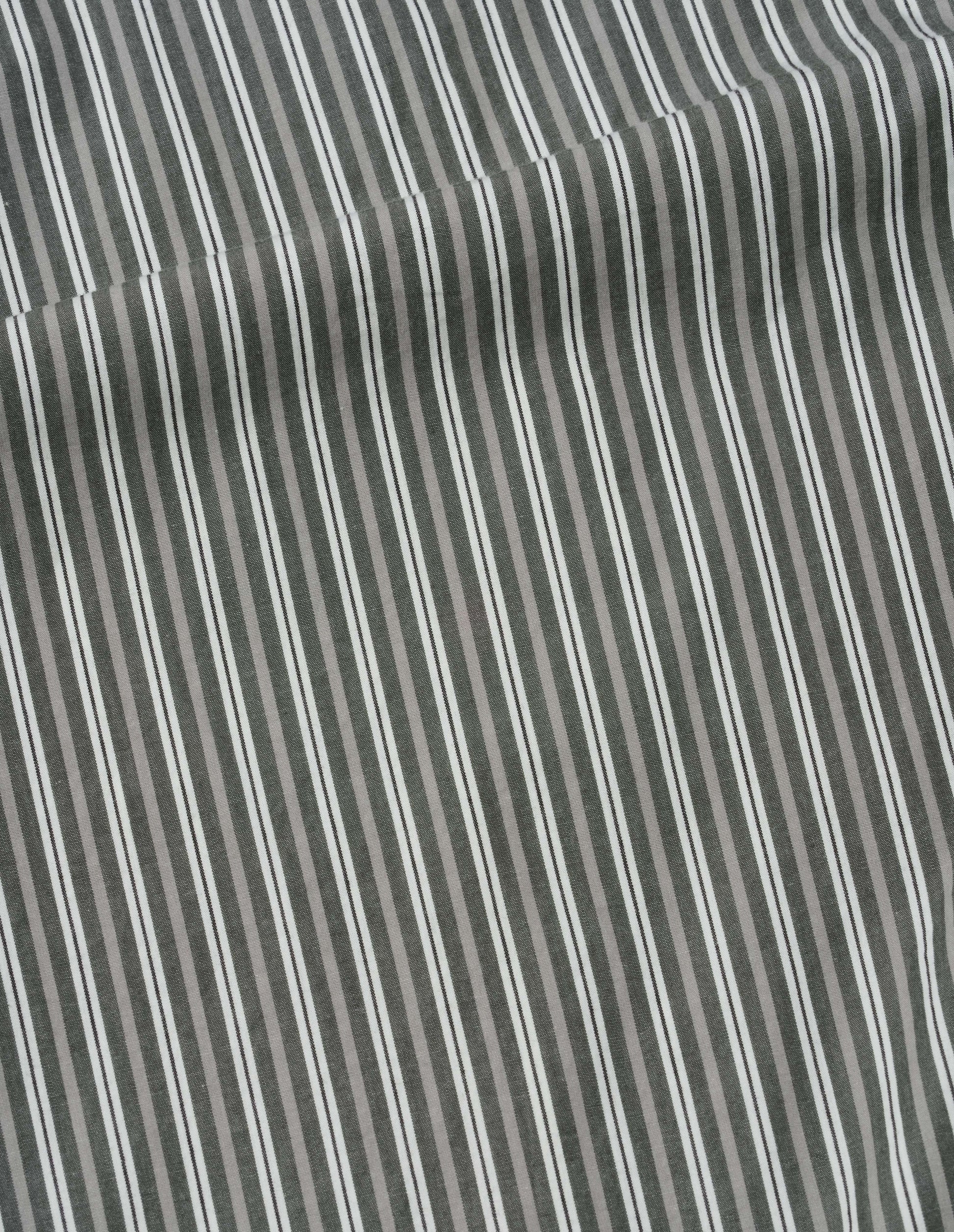 Green, grey and off white two tone cotton stripe, fabric swatch.