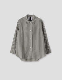 MHL. LONGLINE SHIRT | TWO TONE COTTON STRIPE | FOREST / GREY / OFF WHITE