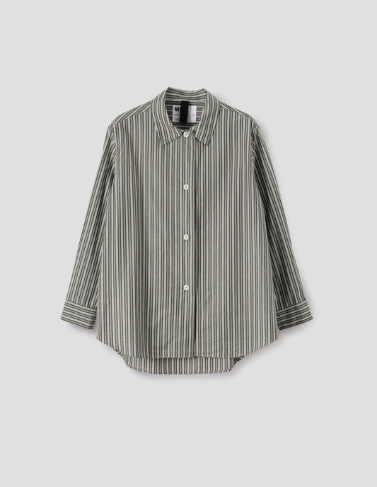 Green, grey and off white striped long sleeve shirt. With wide stitch through placket and corozo brace buttons and cuffs. Front flat lay view.