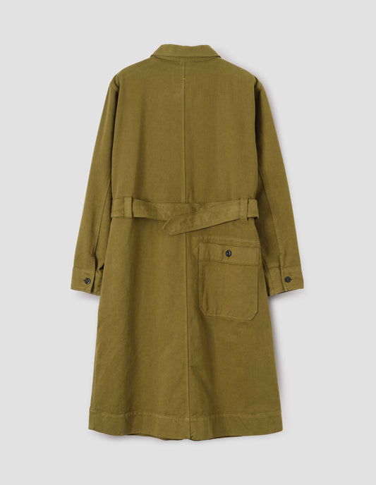 Olive green long sleeve shirt dress, patch back pocket, corozo button fastening cuffs and removeable belt. Back flat lay view.