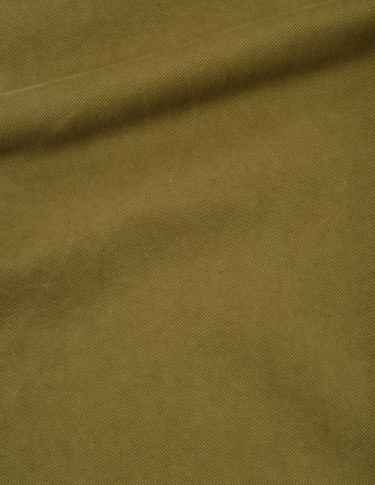 Olive green shirt dress, cotton tencel drill, fabric swatch.