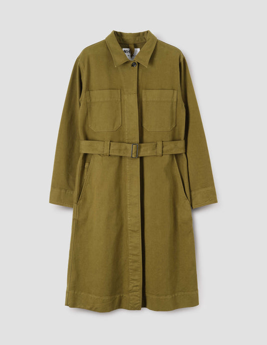 Olive green long sleeve shirt dress, with fly front corozo button fastening, patch chest and slant side pockets, button fastening cuffs and removeable belt with metal slide adjuster. Front flat lay view. 