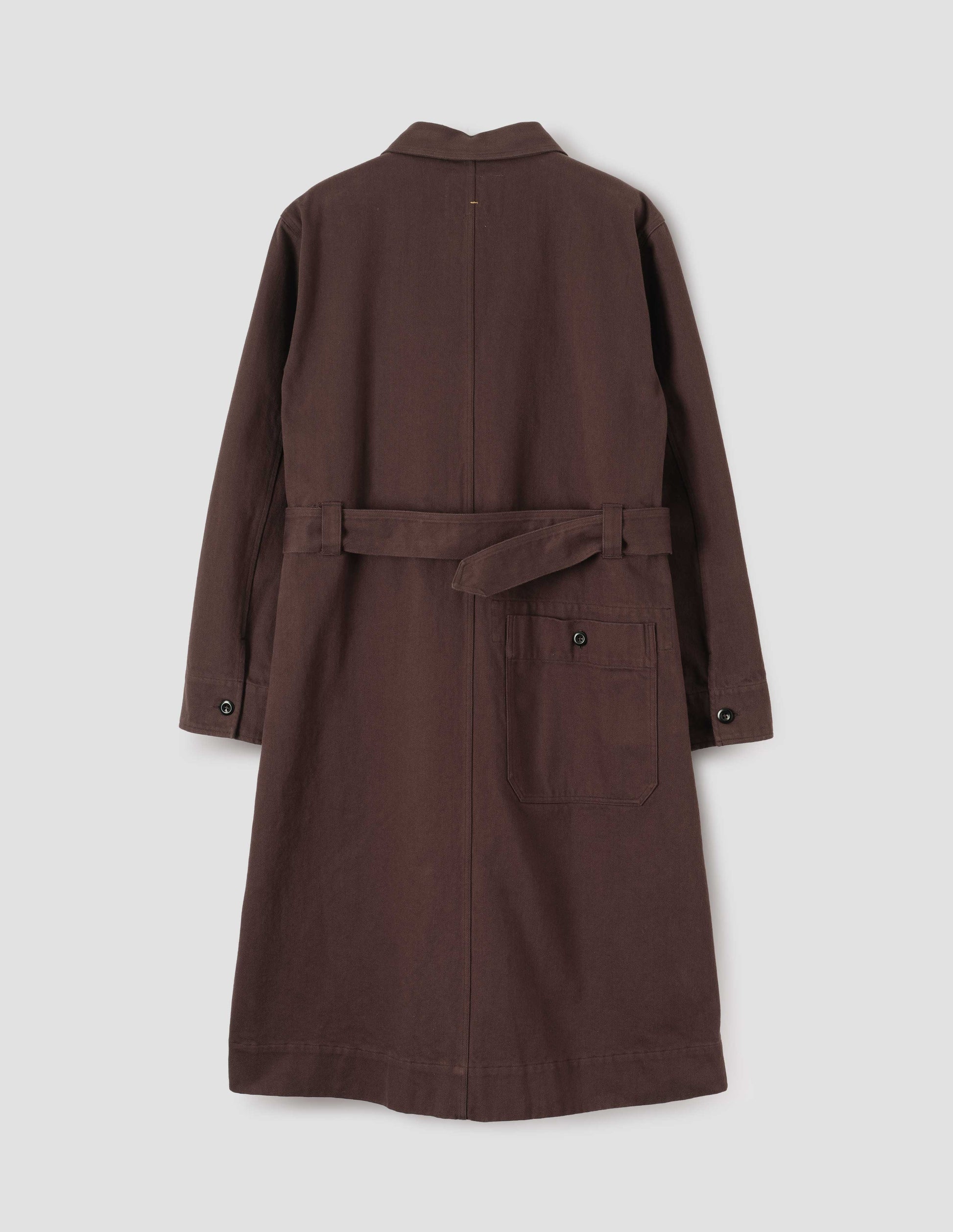 Brown red long sleeve shirt dress, patch back pocket, corozo button fastening cuffs and removeable belt. Back flat lay view.