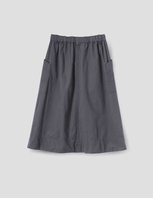Greyish blue A-line skirt with elasticated waist, belt loops and large, slant side patch pockets with reinforced stitch detailing, back flat lay view.