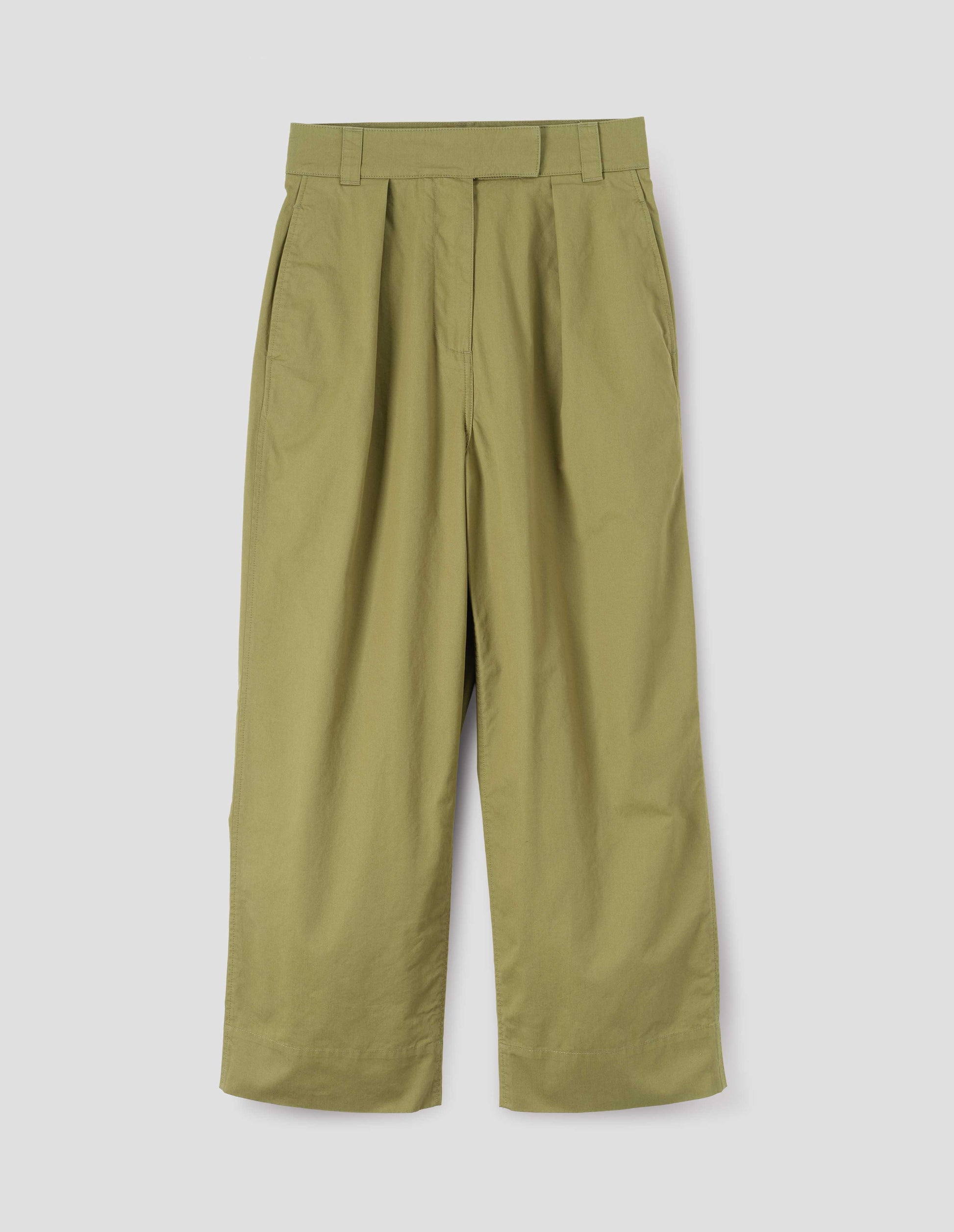 Green trousers with single pleat, concealed double hook and bar waist tab fastening, concealed side seam pockets and deep stitch hem. Front flat lay view. 