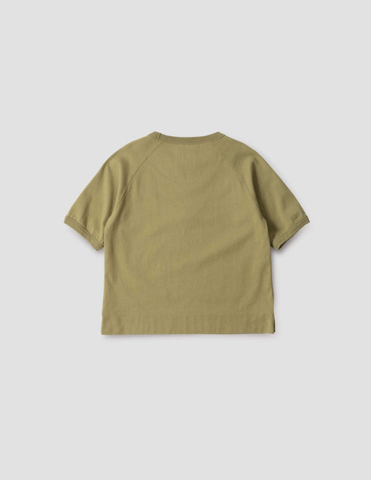 Light green t-shirt with raglan sleeve and ribbed binding on neckline and cuffs, back flat lay view.
