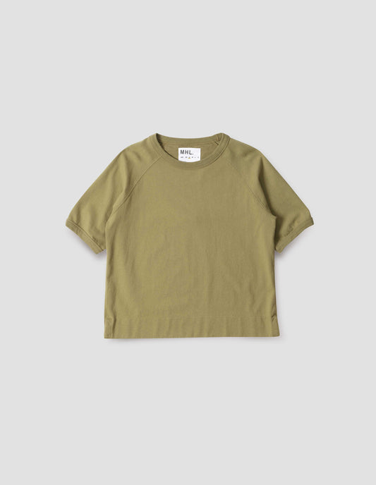 Light green t-shirt with raglan sleeve and ribbed binding on neckline and cuffs, front flat lay view.
