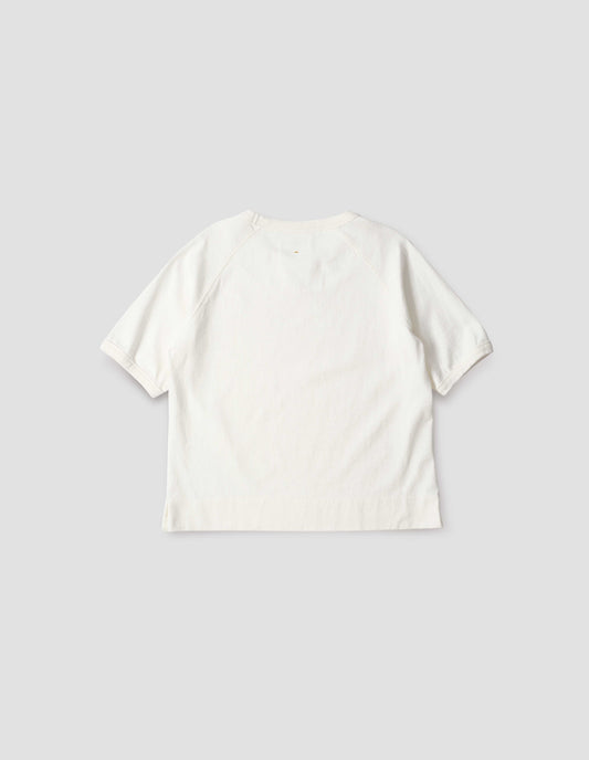 White t-shirt with raglan sleeve and ribbed binding on neckline and cuffs, back flat lay view.