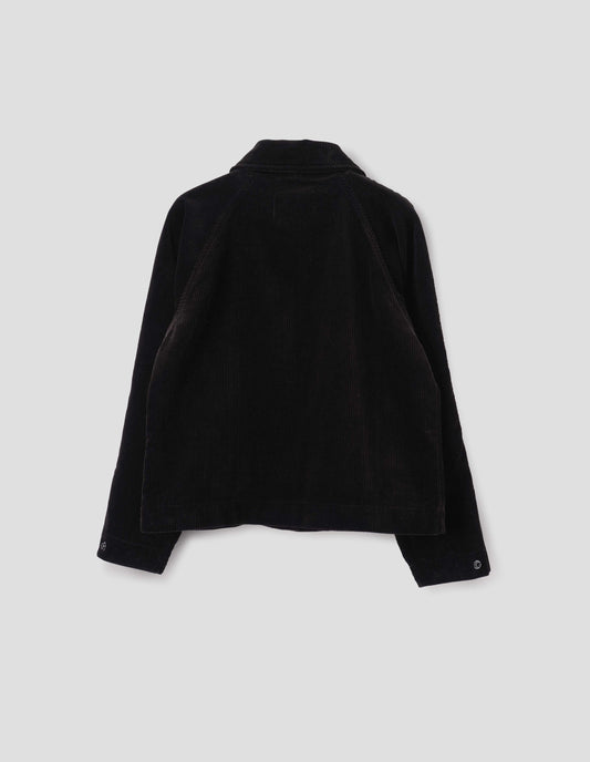 Black heavy corduroy raglan sleeve jacket, with press stud fastening adjustable cuffs. Back flat lay view. 