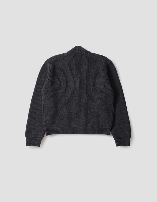 Dark grey cardigan with ribbed collar, cuffs and hem, back flat lay view.