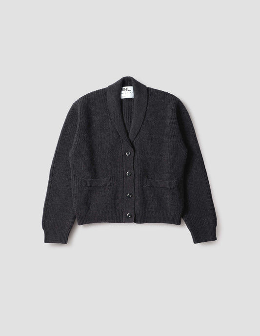 Dark grey cardigan with ribbed collar, cuffs and hem, patch pockets and corozo brace buttons, front flat lay view.