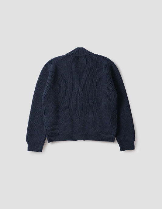 Dark blue cardigan with ribbed collar, cuffs and hem, back flat lay view.