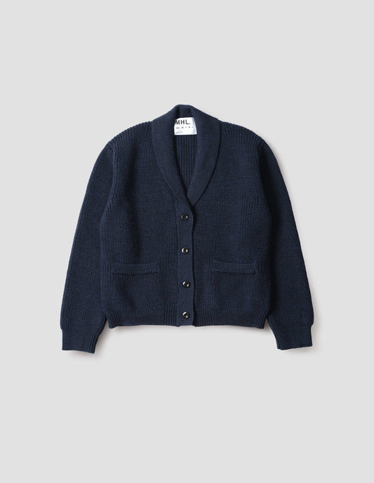 Dark blue cardigan with ribbed collar, cuffs and hem, patch pockets and corozo brace buttons, front flat lay view.
