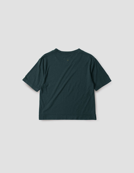 Blue green t-shirt, back flat lay view.