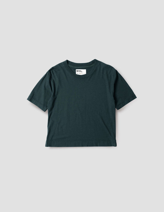 Blue green t-shirt, front flat lay view.
