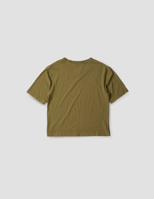 Green t-shirt, back flat lay view.
