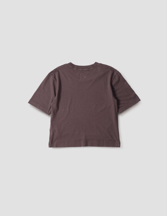 Dark purple t-shirt, back flat lay view.