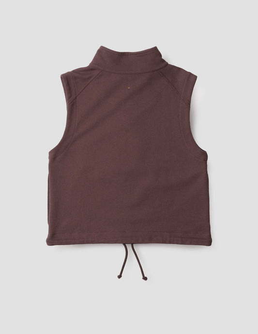 Purple brown high neck sleeveless track top with drawcord hem, back flat lay view.