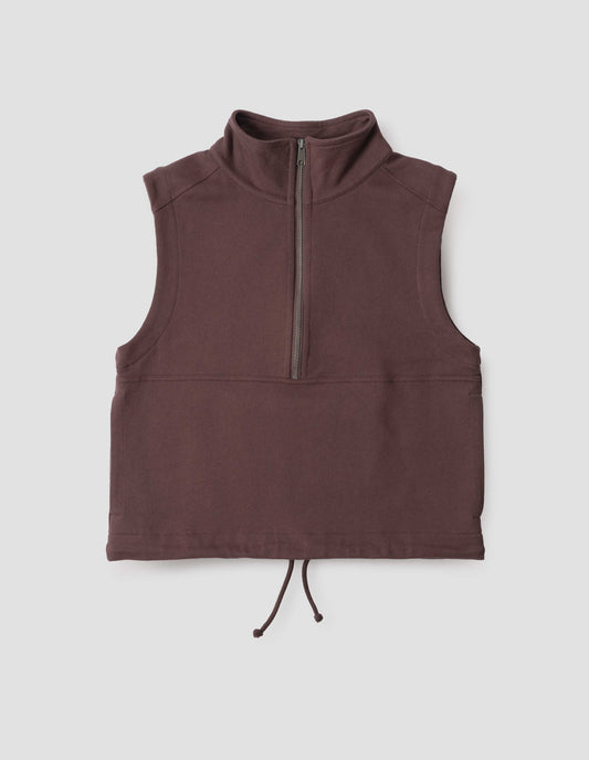 Purple brown half zip high neck sleeveless track top with drawcord hem, front flat lay view.