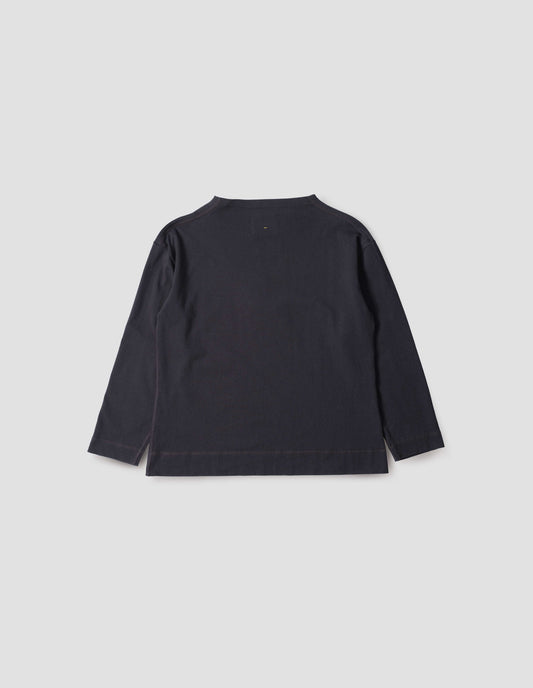 Dark blue smock neck long sleeve t-shirt, back flat lay view.