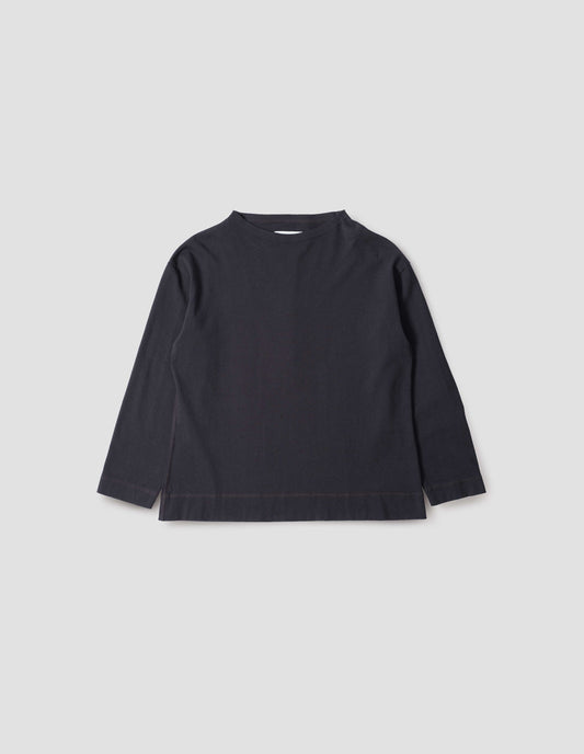 Dark blue smock neck long sleeve t-shirt, front flat lay view.