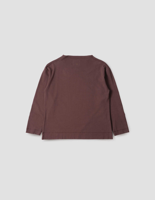 Dark brown smock neck long sleeve t-shirt, back flat lay view.