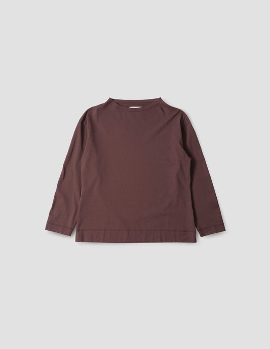 Dark brown smock neck long sleeve t-shirt, front flat lay view.