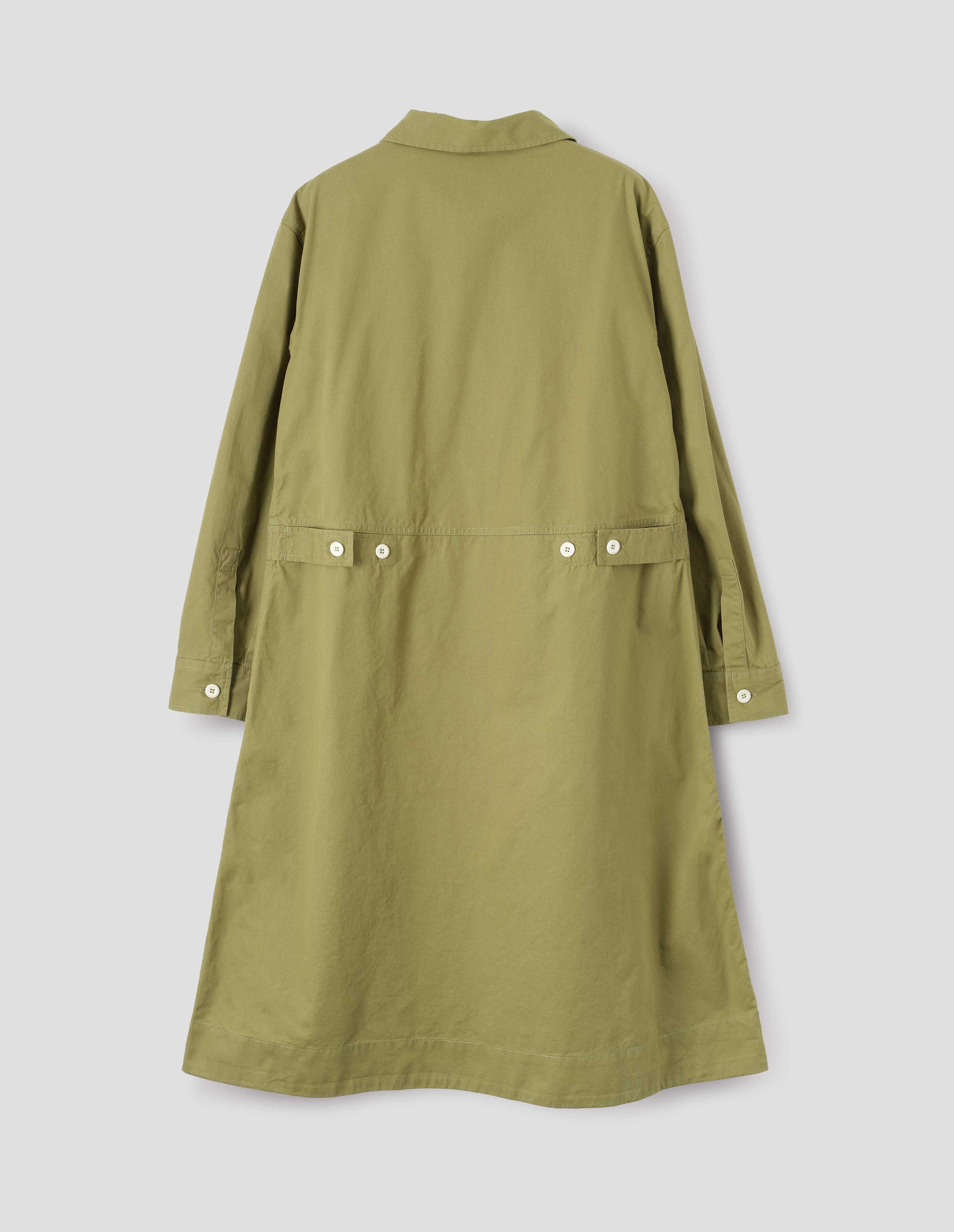 Green long sleeve shirt dress with deep stitch hem and waist seam detail with button tab adjusters. Back flat lay view.