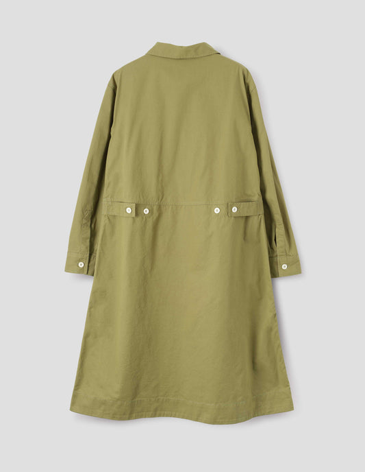 Green long sleeve shirt dress with deep stitch hem and waist seam detail with button tab adjusters. Back flat lay view.
