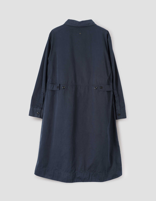 Dark blue long sleeve shirt dress with deep stitch hem and waist seam detail with button tab adjusters. Back flat lay view.