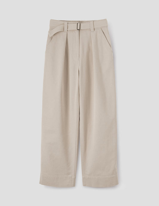 Beige wide leg trousers with button fastening waistband, slant pockets and removable webbing belt with metal slide adjuster. Front flat lay view.