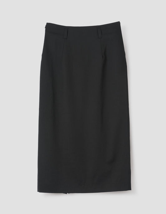 Black fluid wool twill vent skirt, with belt loops. Back flat lay view.