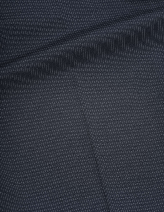 Dark blue and grey fine pinstripe cotton wool trousers fabric swatch.