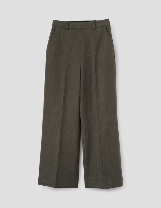 Brown trousers with straight leg, belt loops, side zip and side pockets. Front flat lay view.