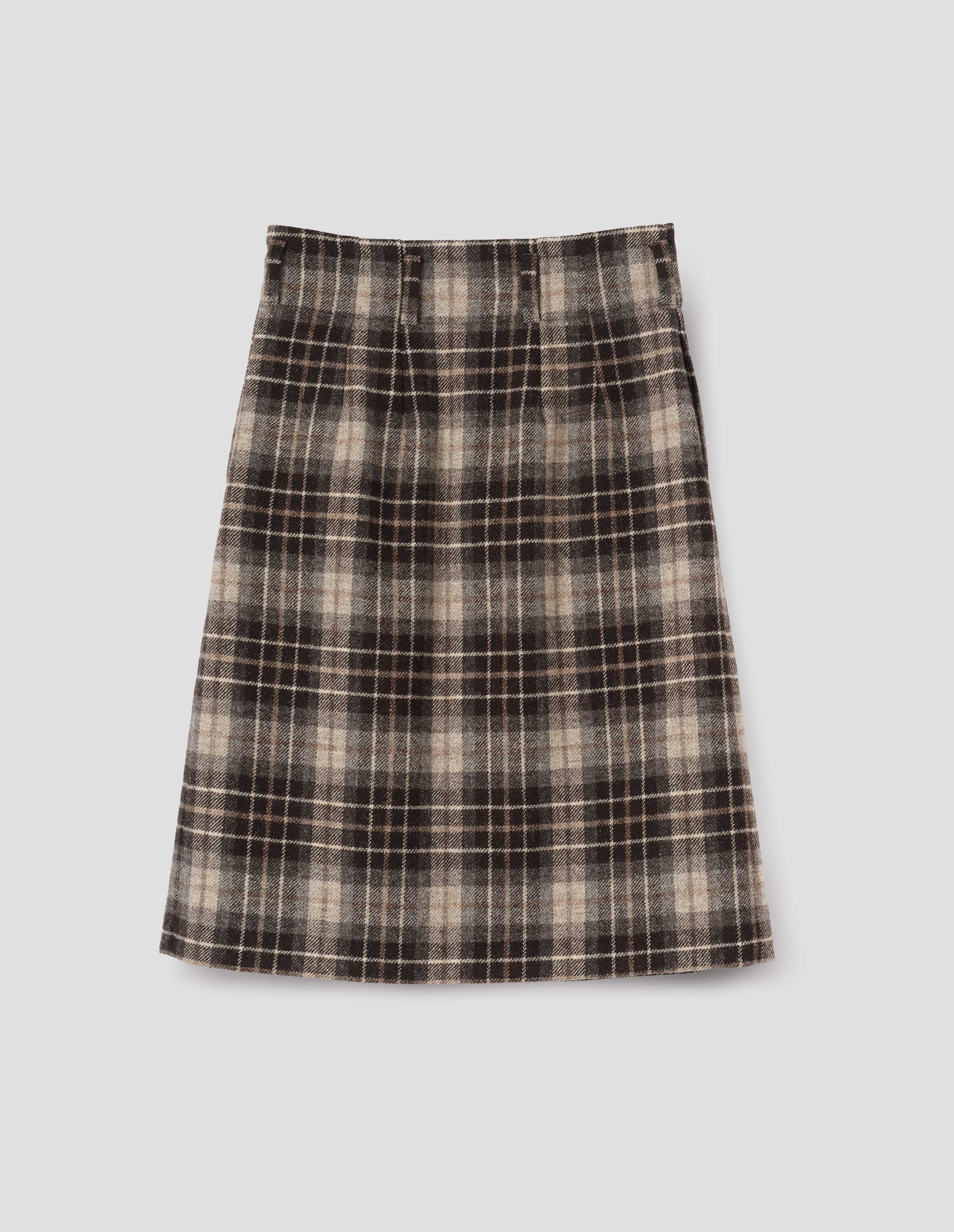 Beige and brown checked wool skirt. With deep pleated waistband, belt loops and concealed side pockets. Back flat lay view.