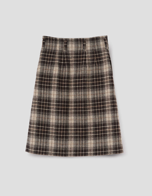 Beige and brown checked wool skirt. With deep pleated waistband, belt loops and concealed side pockets. Back flat lay view.