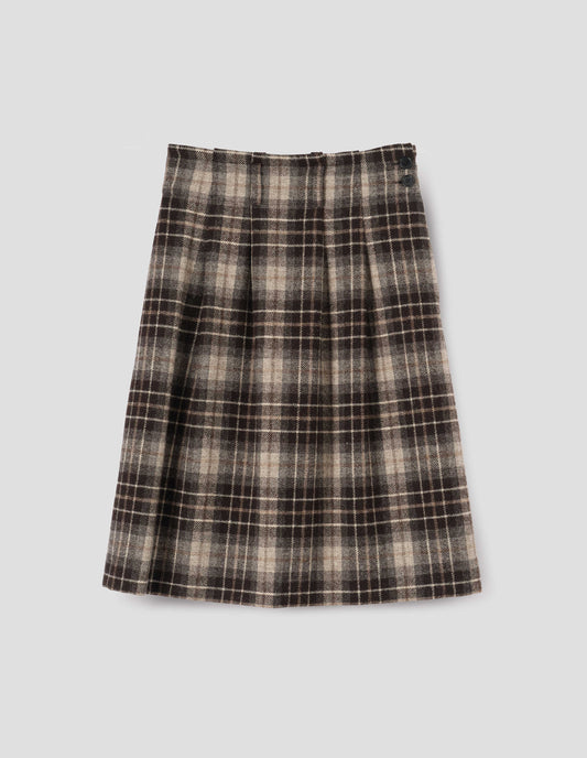 Beige and brown checked wool skirt. With deep pleated waistband and front, double button side fastening, belt loops and concealed side pockets. Front flat lay view.