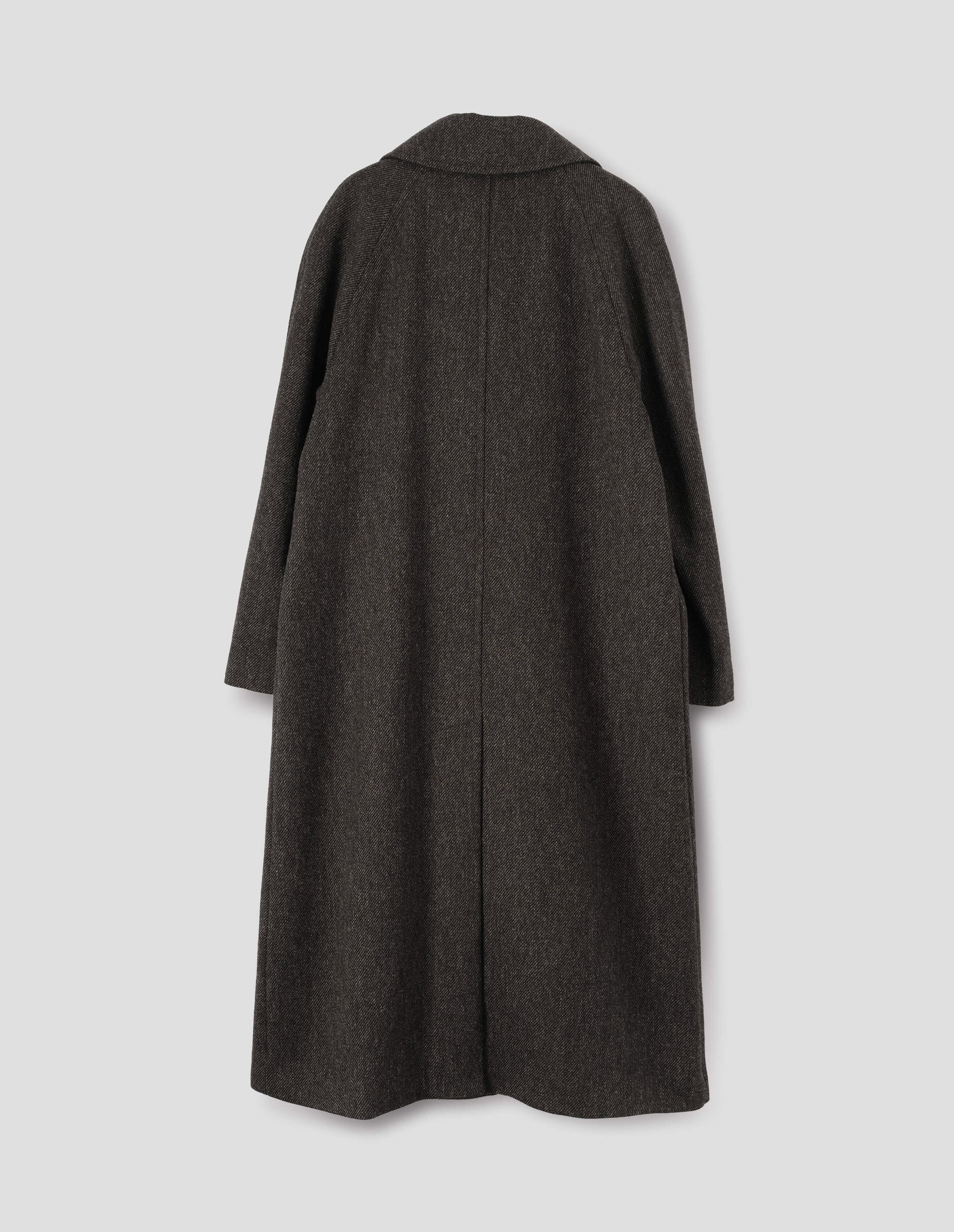 Brown wool longline overcoat with raglan sleeve and back centre vent. Back flat lay view.
