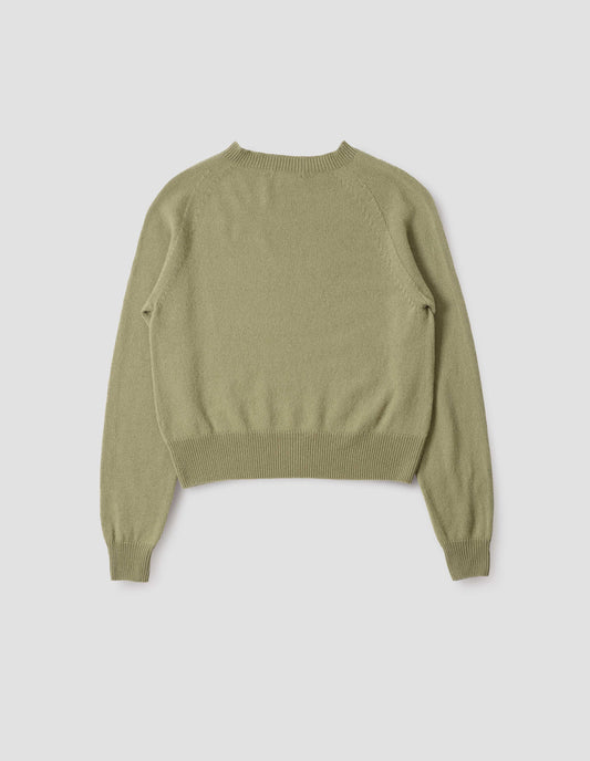 Light green long sleeve cashmere jumper, with raglan sleeve and contrasting rib on neck, cuffs and hem. Back flat lay view.