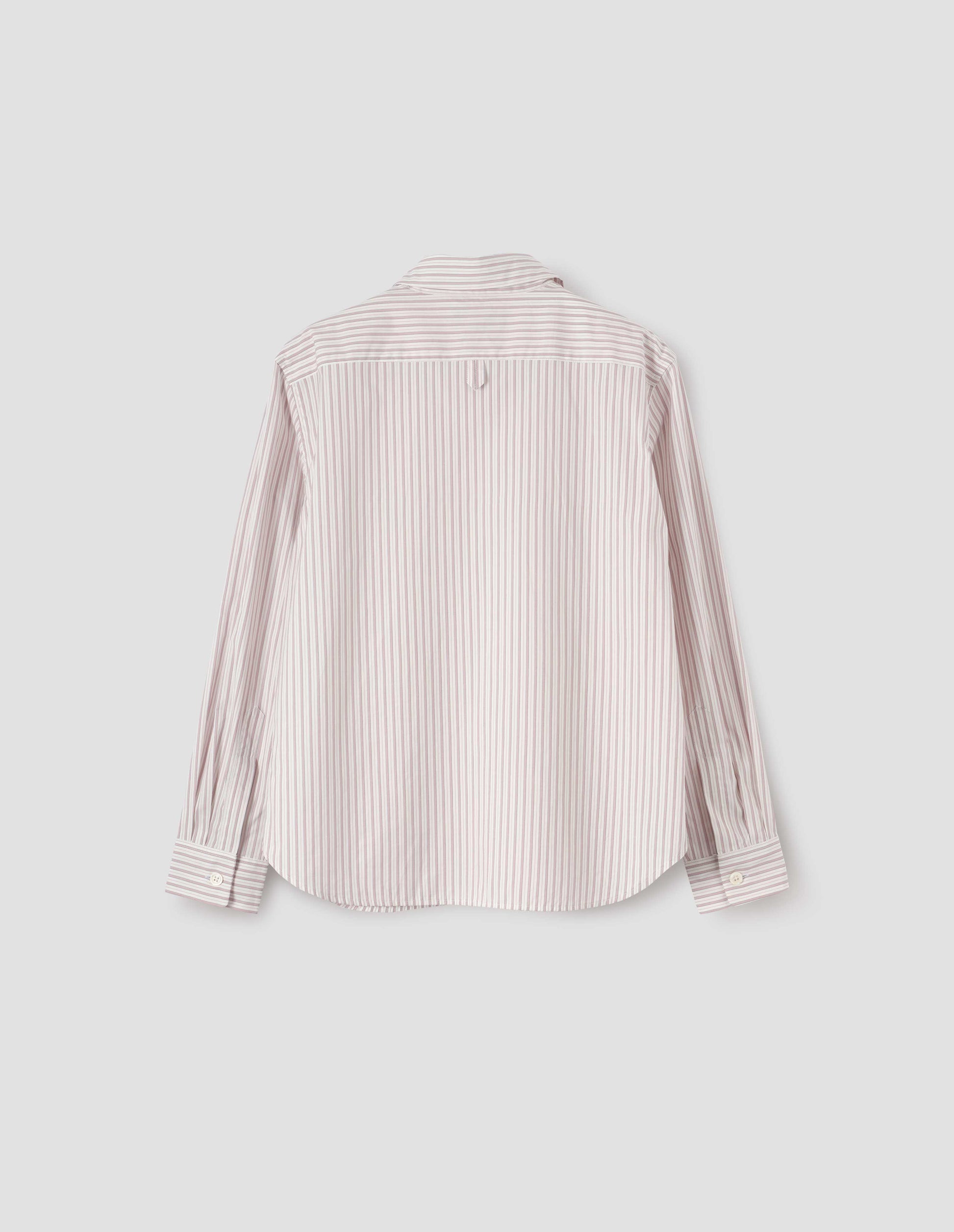 Beige, pink and black striped shirt with mother of pearl buttons on cuffs and hanger loop detail on back yoke. Back flat lay view.
