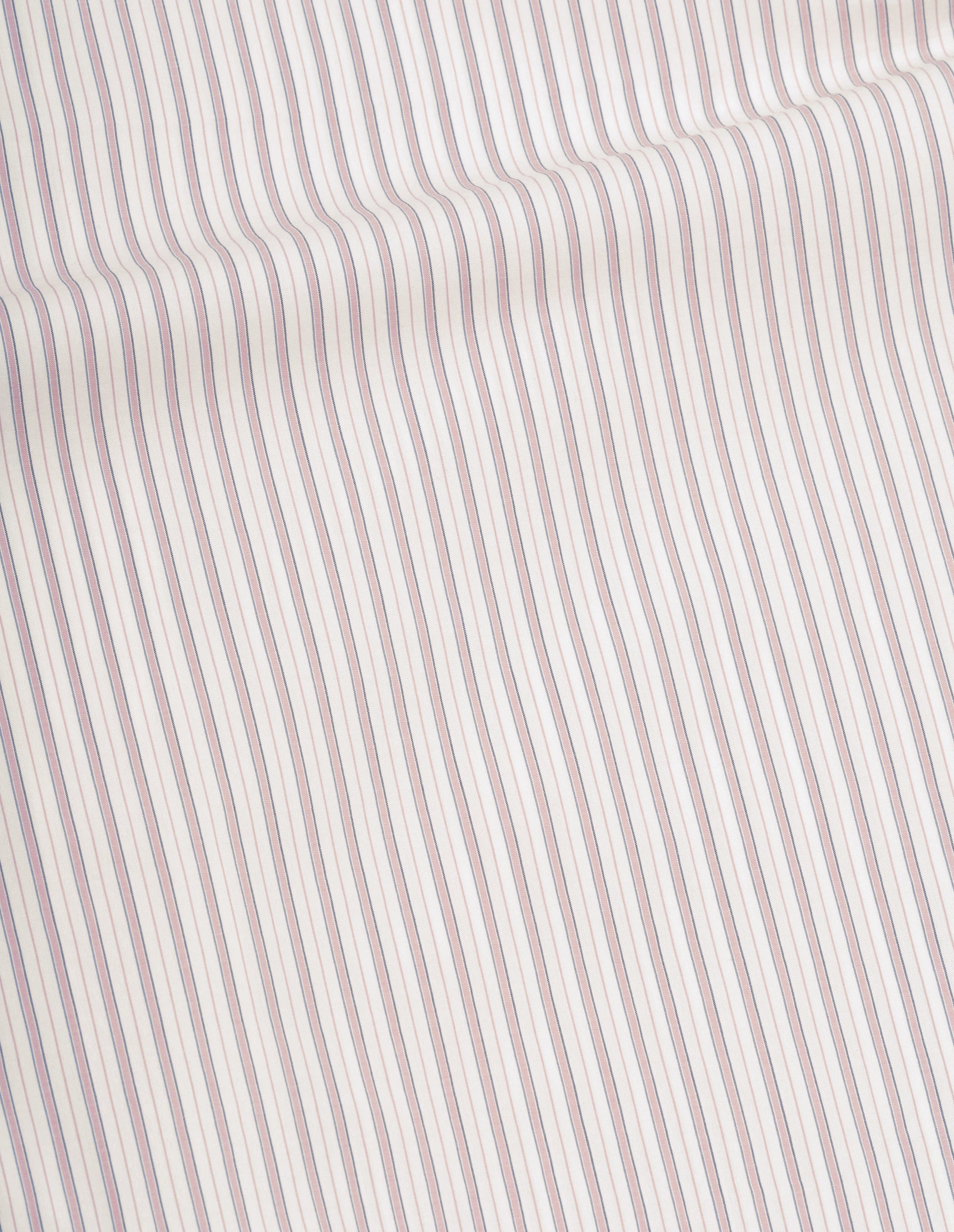 Beige, pink and black fine double stripe cotton shirt fabric swatch.