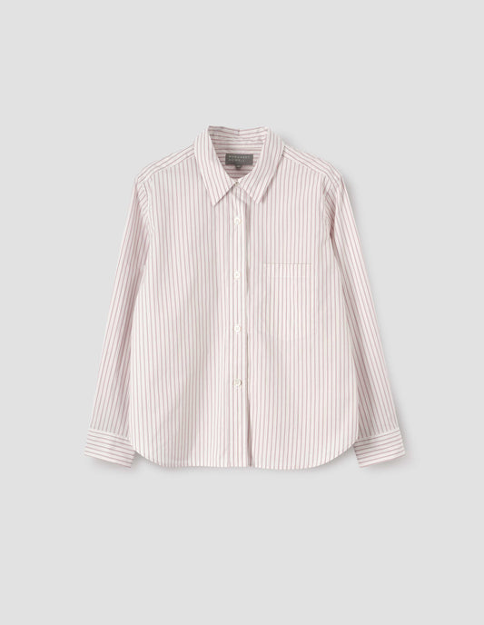 Beige, pink and black striped shirt with raised placket and mother of pearl buttons, patch pocket on chest. Front flat lay view.