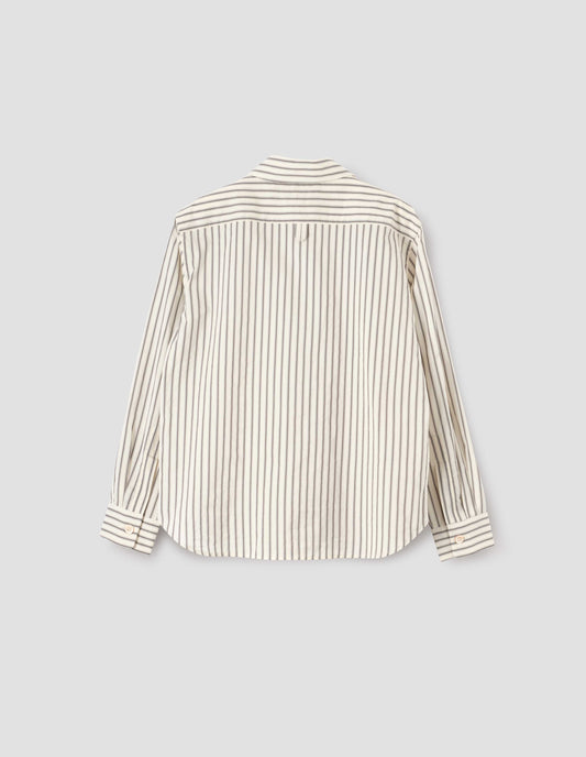 Beige, grey and black striped shirt with mother of pearl buttons on cuffs and hanger loop detail on back yoke, back flat lay view.