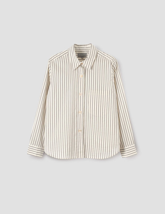 Beige, grey and black striped shirt with raised placket and mother of pearl buttons, patch pocket on chest, front flat way view.
