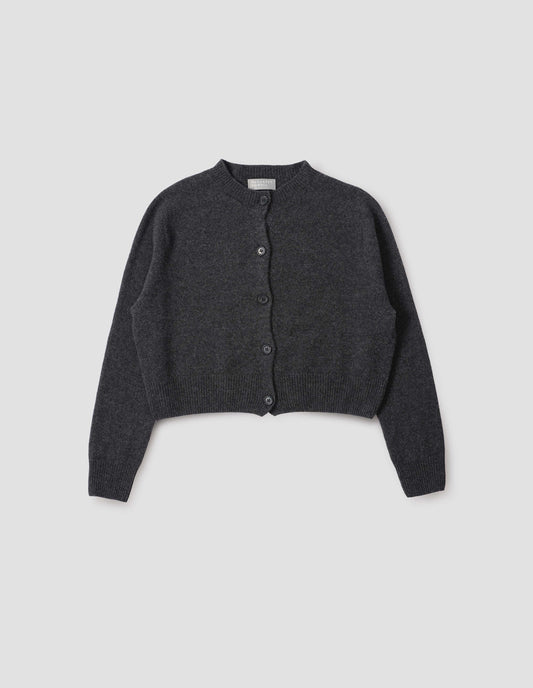 Charcoal grey long sleeve cardigan with contrast rib neckline, cuffs and hem and dark horn buttons. Front flat lay view.